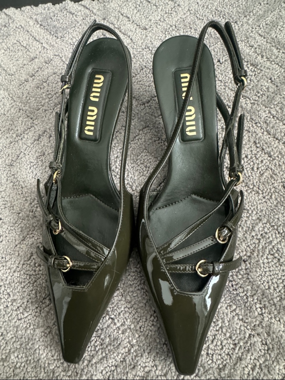 Miu Miu Dark Olive Patent Pointed Slingback Heels